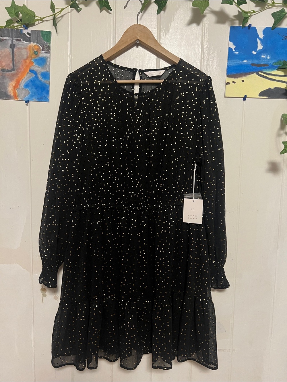 ❤️‍🔥❤️ lauren conrad Black Polka Dot Long-Sleeve Tiered Dress